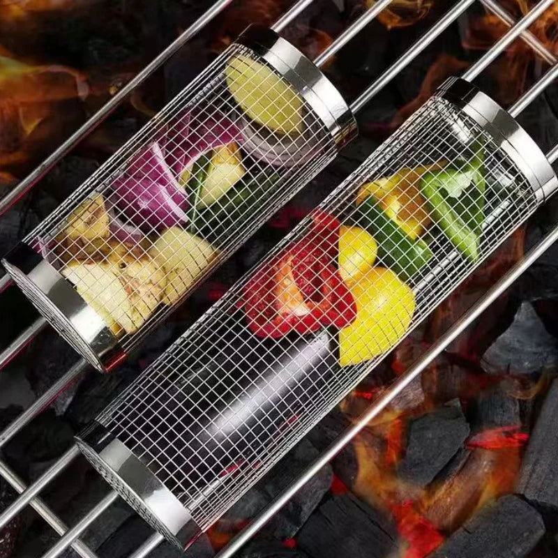 Rotating Stainless Steel BBQ Basket – Mesh Grill Cage for Vegetables, Meat & Fish