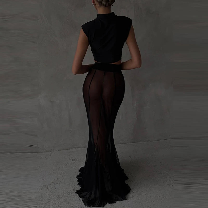 Elegant Blazer & Sheer Mermaid Skirt Set – Glamorous Evening Outfit