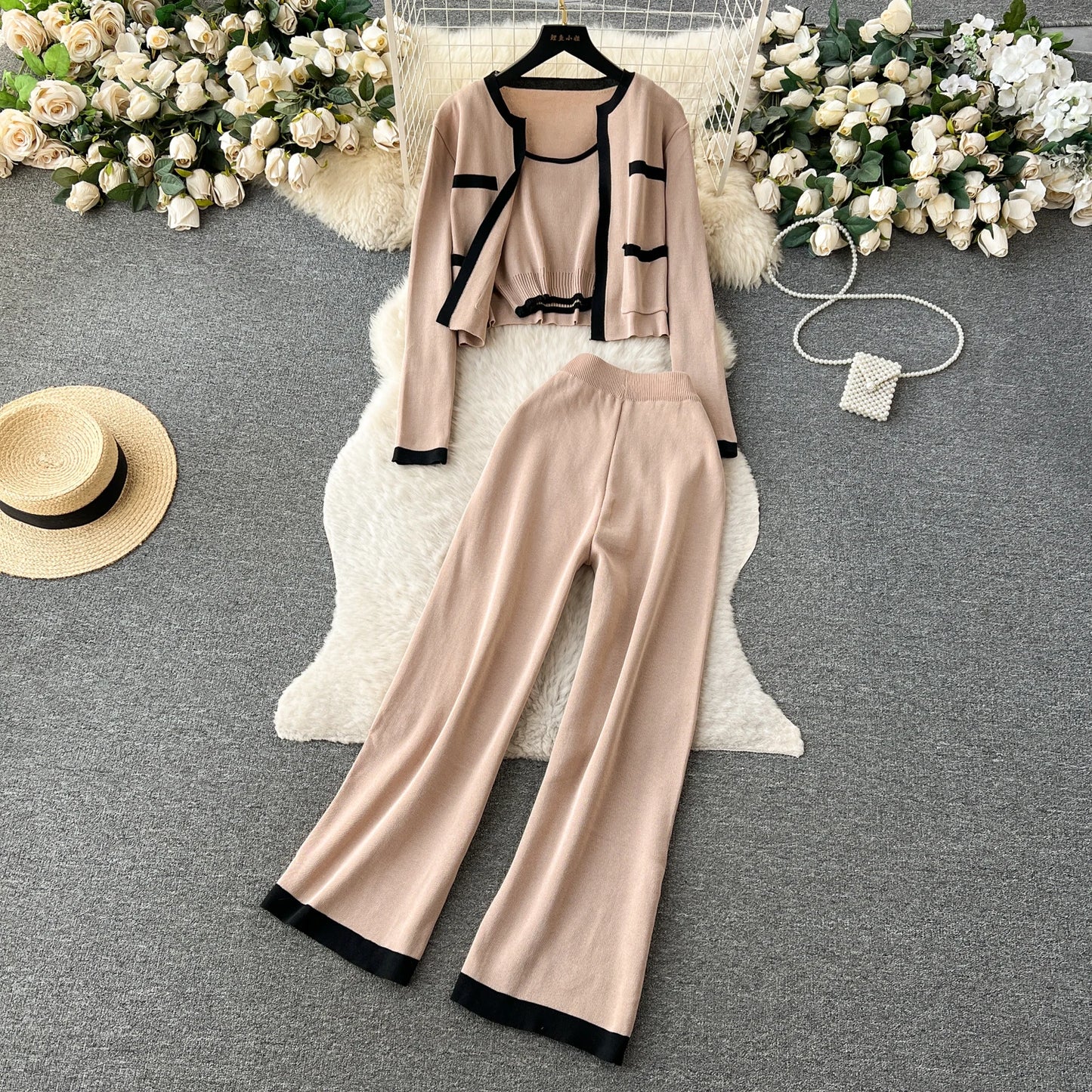 SINGREINY Autumn Knitted 3pcs Set – Slim Tank Top + Long Sleeve Cardigan + Elastic Pants (Brown)