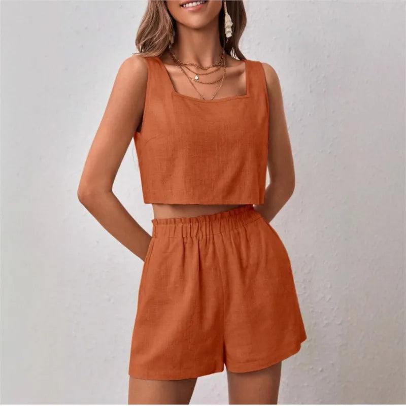 Women’s Cotton Linen Summer Set – Sleeveless Open-Back Top & Shorts