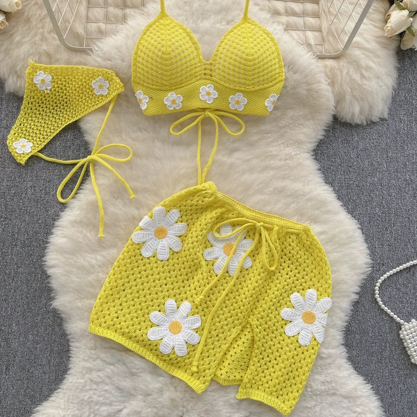 Korean Style Hollow Crochet 2-Piece Set – Halter Tie Front Top + Drawstring Split Mini Skirt with Flowers