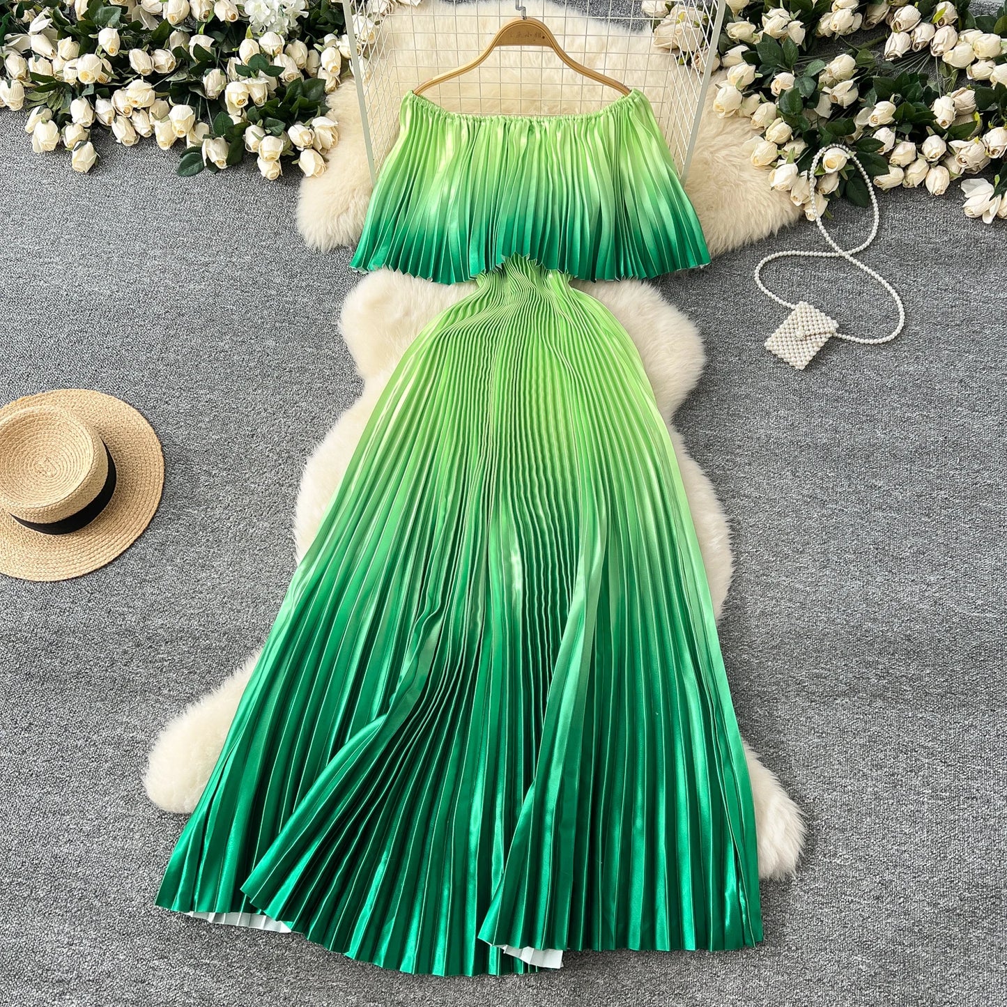 Gradient Pleated Maxi Dress – Off Shoulder Vacation Style