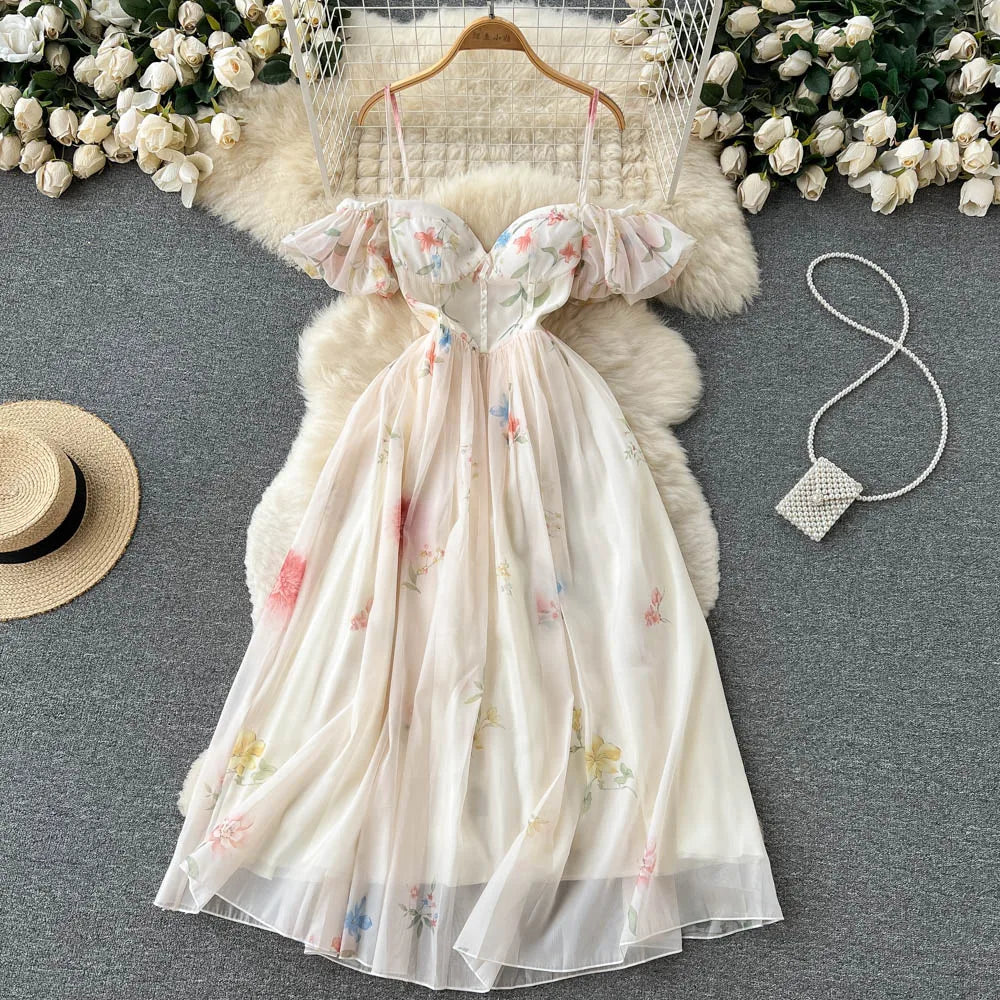 Sweet Floral Strapless Corset Dress – Off Shoulder Summer Maxi