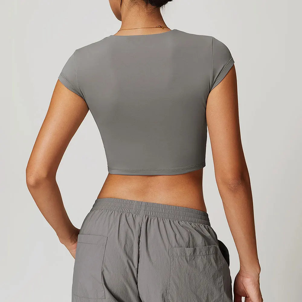 Women’s Short Sleeve Yoga Crop Top – Slim Fit Gym Running Sports Shirt