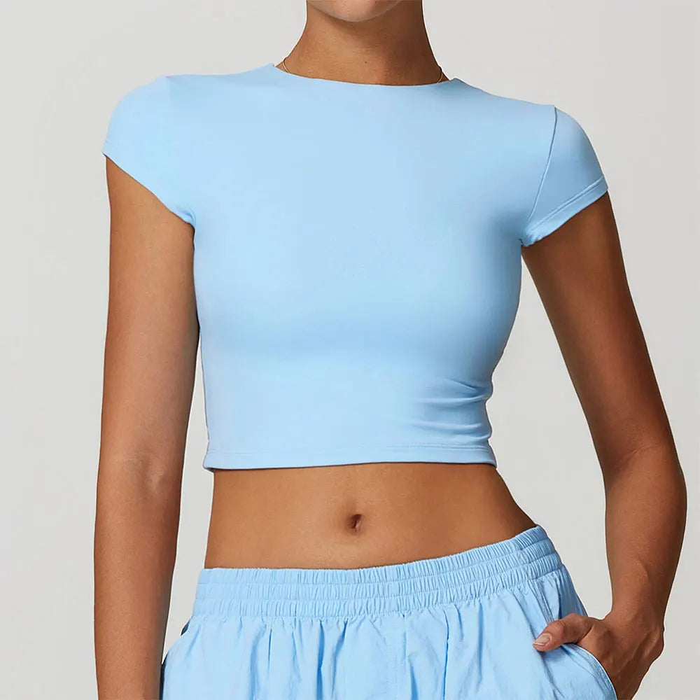 Women’s Short Sleeve Yoga Crop Top – Slim Fit Gym Running Sports Shirt