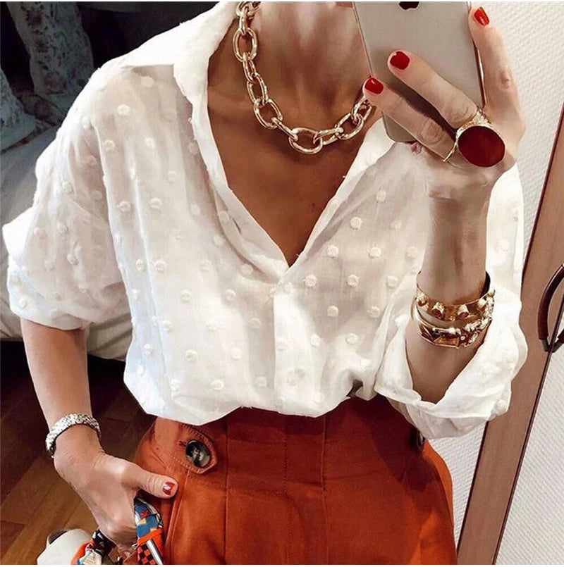 Elegant White Polka Dot Sheer Blouse – Long Sleeve Office & Casual Shirt