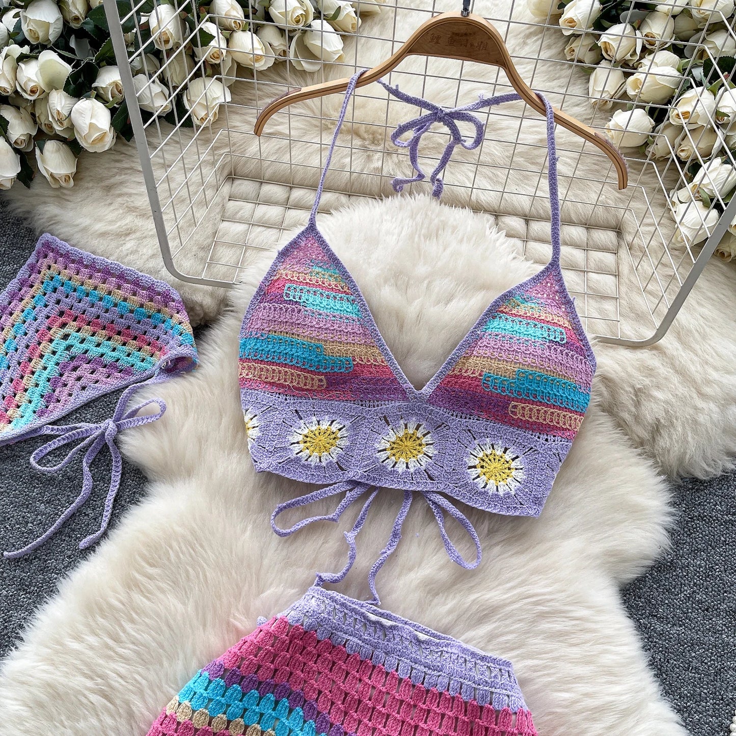 Bohemian Crochet 3-Piece Set – Colorful Halter Top + Mini Skirt + Shorts