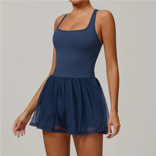 Women's One-Piece Sports Jumpsuit with Skirt – Gym & Yoga Outfit