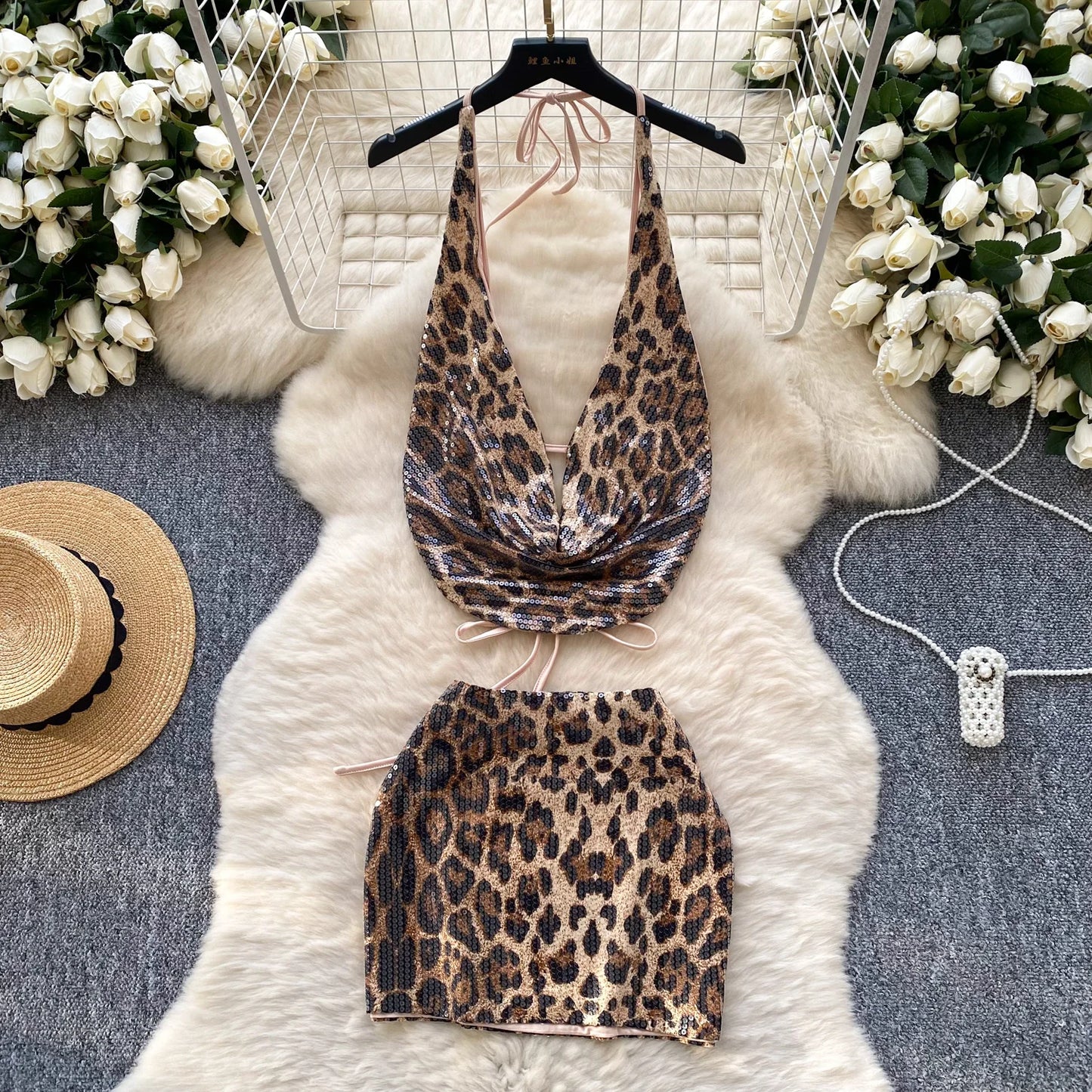 SINGREINY Leopard Print 2-Piece Set – Halter Backless Top + Mini Bodycon Skirt