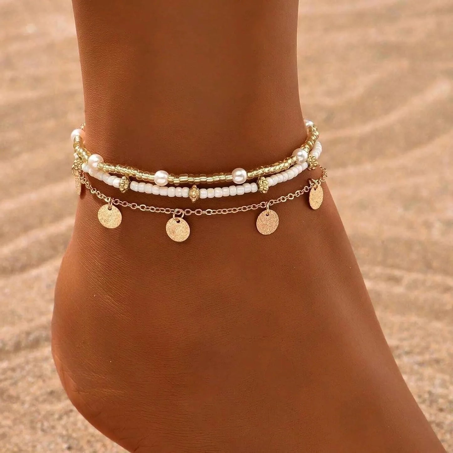 Boho Shell & Pearl Anklet Set – Gold Plated