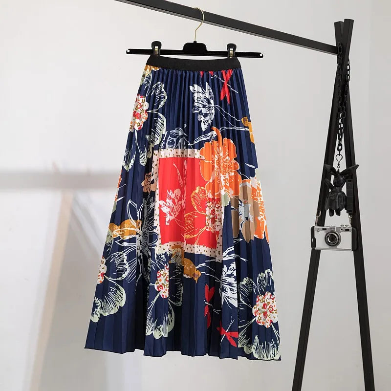 Women’s Cartoon Print Pleated Skirt – High Waist Big Swing Skirt