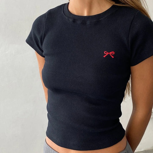 Embroidered Bow Baby Tee – Slim Fit Crop Top