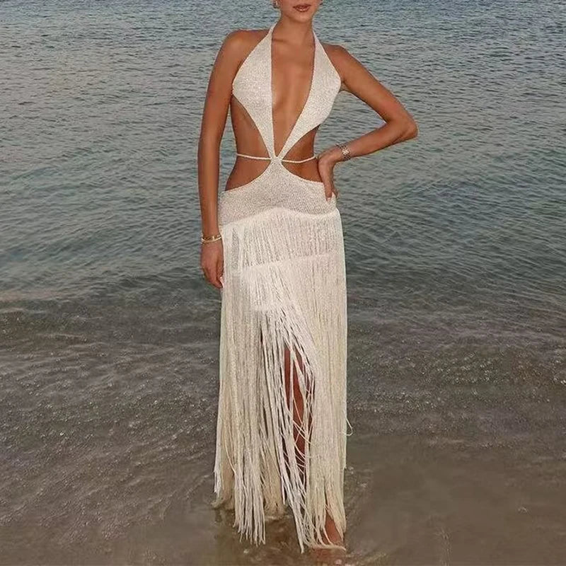 Sleeveless Deep V Tassel Beach Maxi Dress