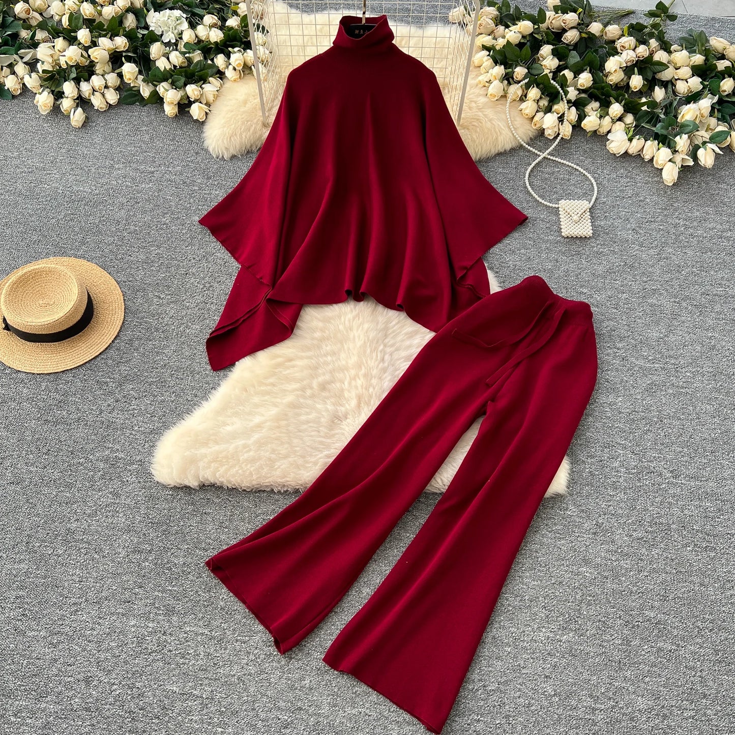 SINGREINY Turtleneck Warm Two-Piece Set – Knitted Sweater & Wide Leg Pants