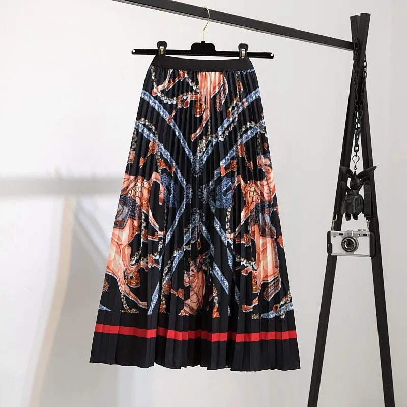 Women’s Cartoon Print Pleated Skirt – High Waist Big Swing Skirt