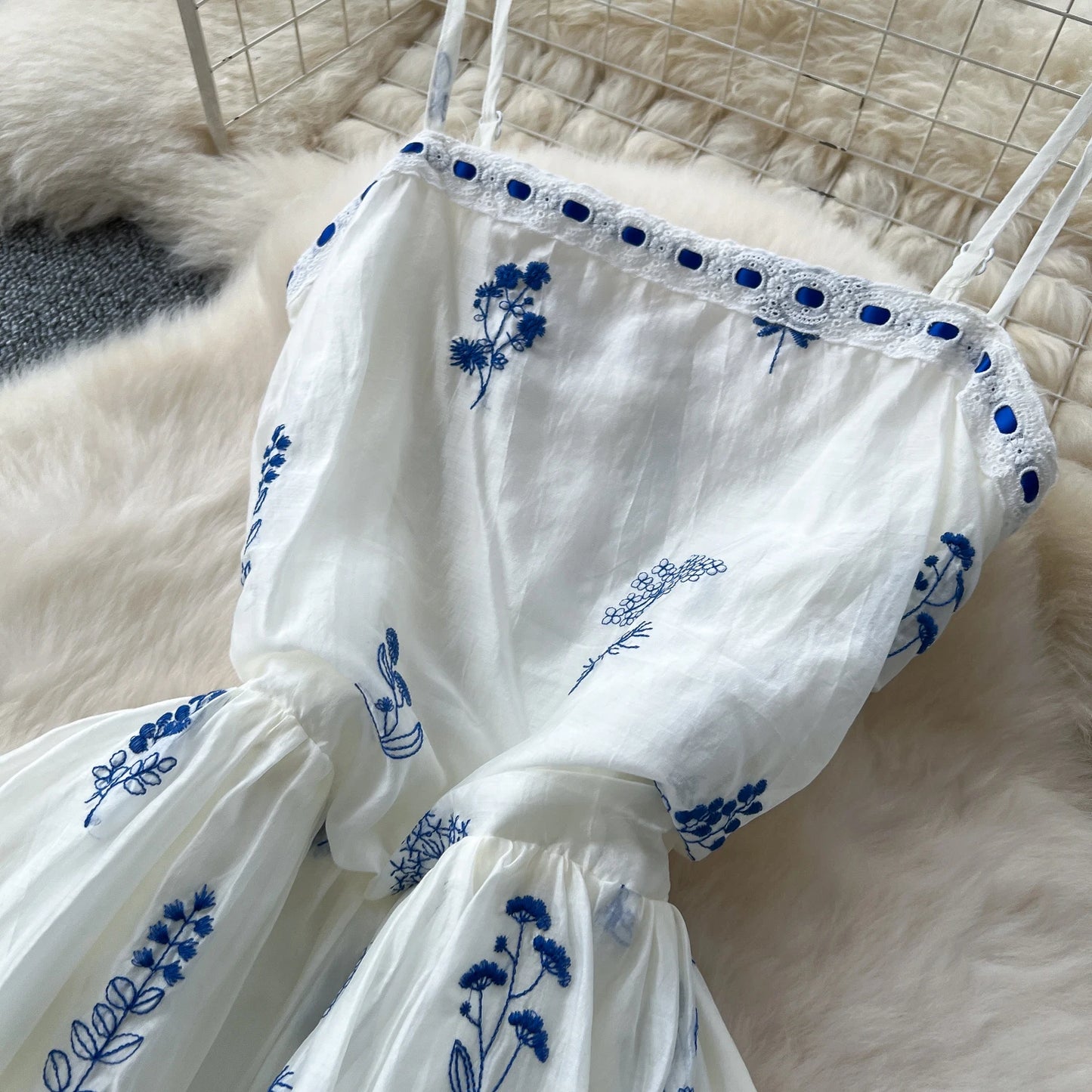 Summer Embroidered Ruched Long Dress