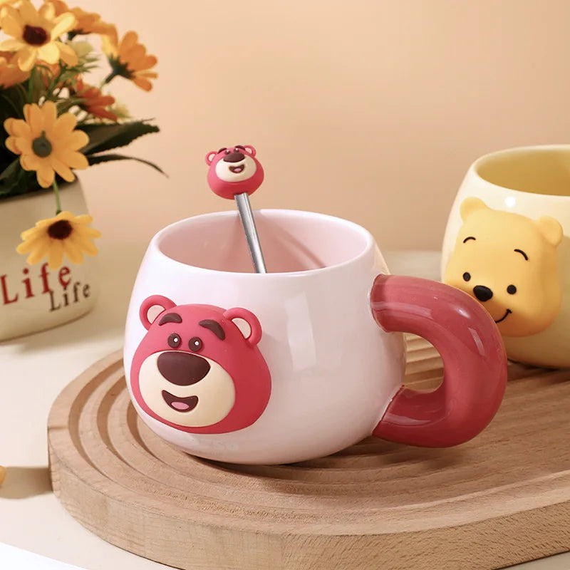 Disney Ceramic Mug with Lid & Spoon – Cute Mickey, Minnie & Lotso Design