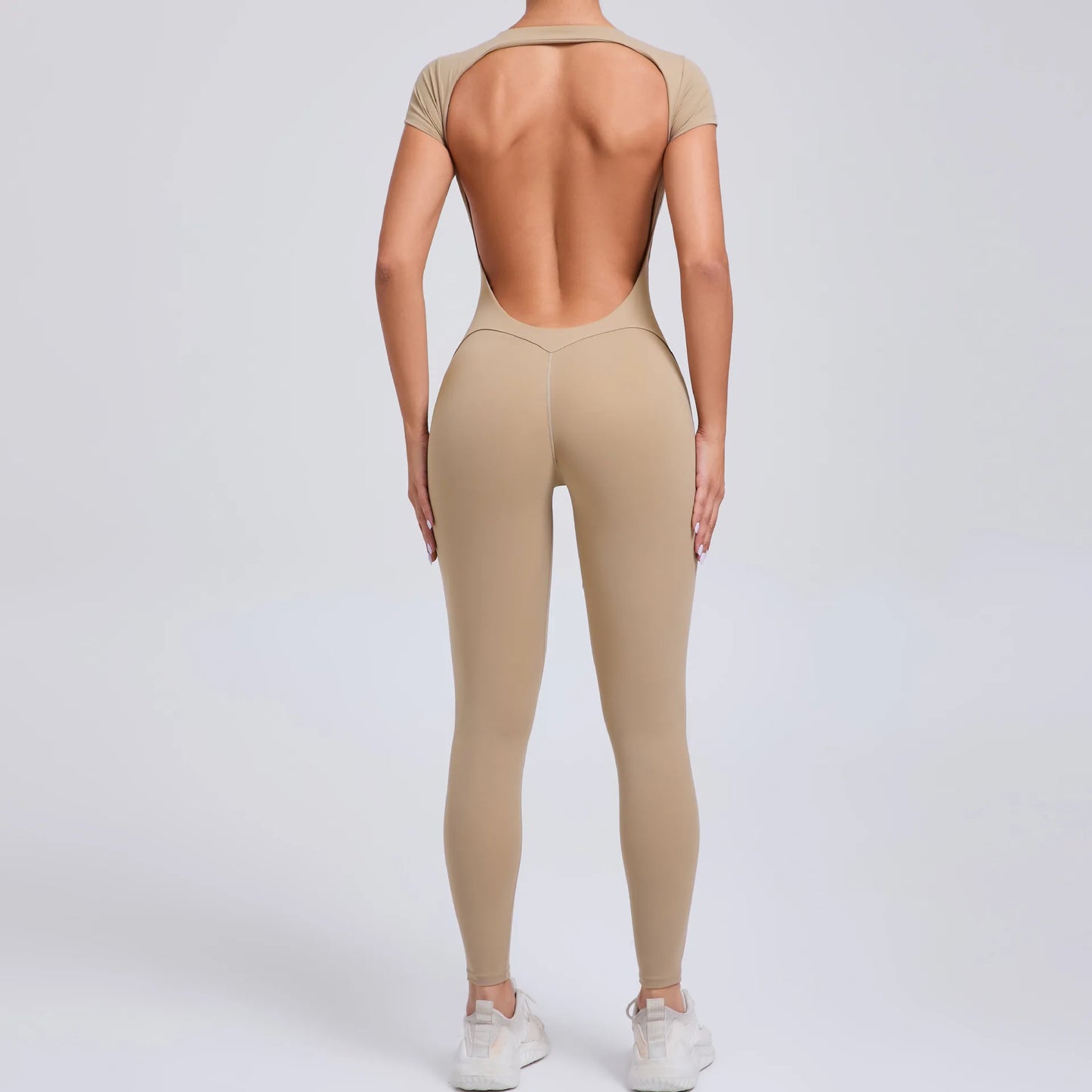 Women's Short Sleeve One-Piece Yoga Jumpsuit – Open Back Fitness Bodysuit