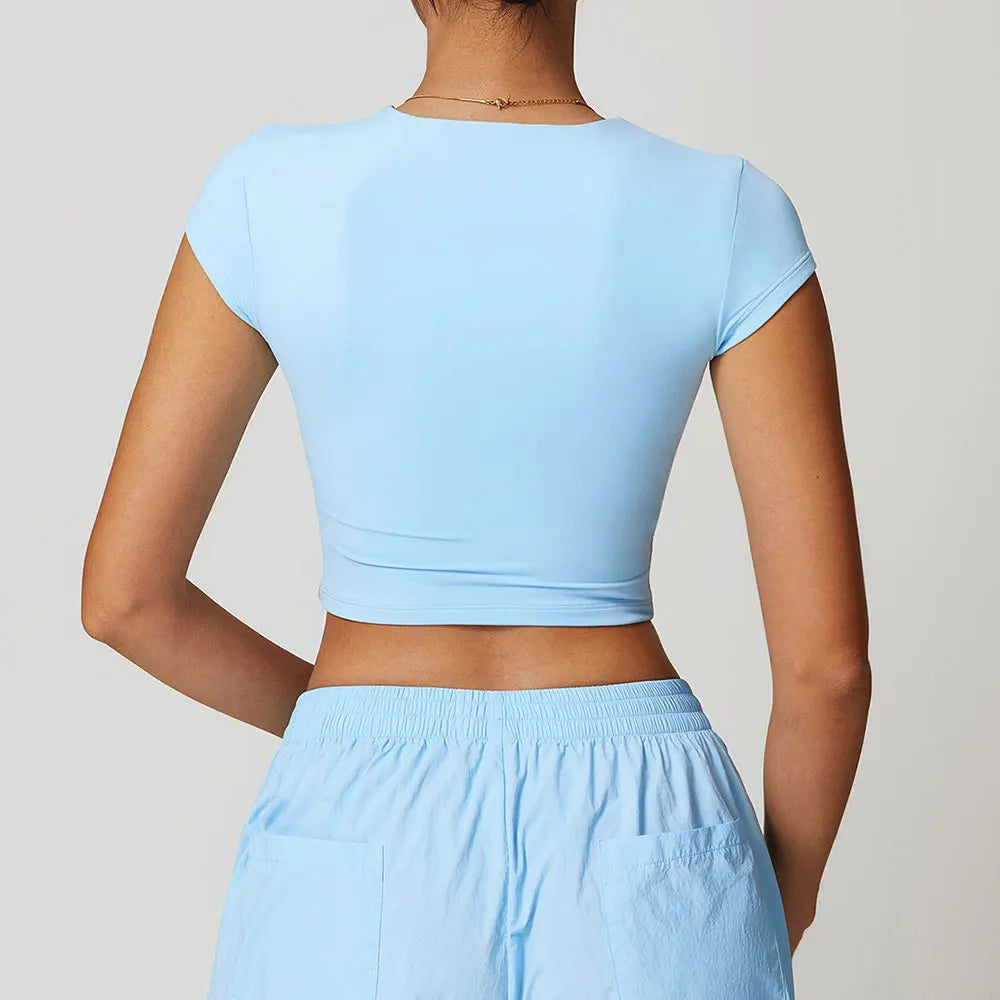 Women’s Short Sleeve Yoga Crop Top – Slim Fit Gym Running Sports Shirt