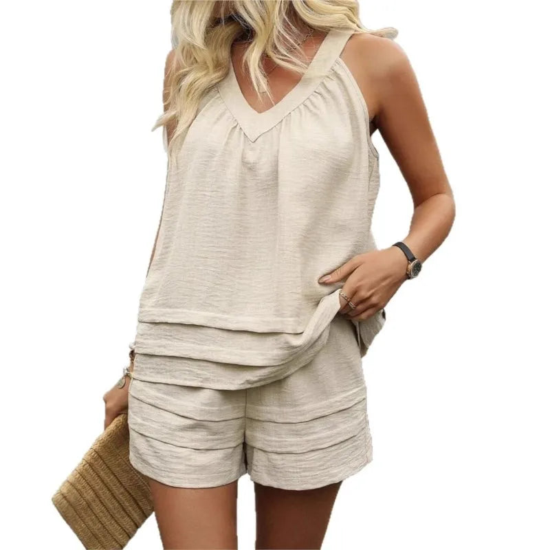 Women’s Summer Two-Piece Set – Sleeveless Top & Shorts in Apricot Color