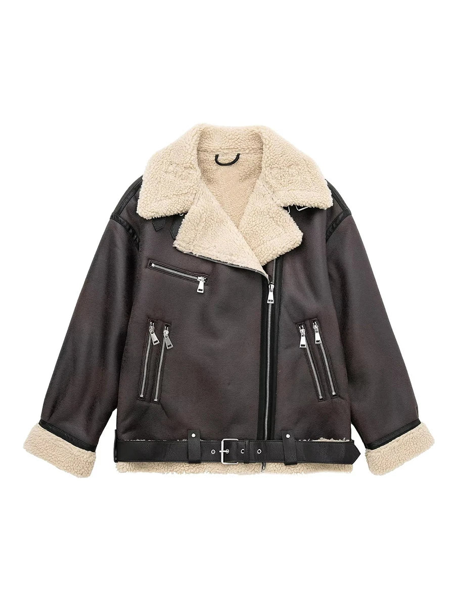 Faux Suede Aviator Jacket with Fur Lining
