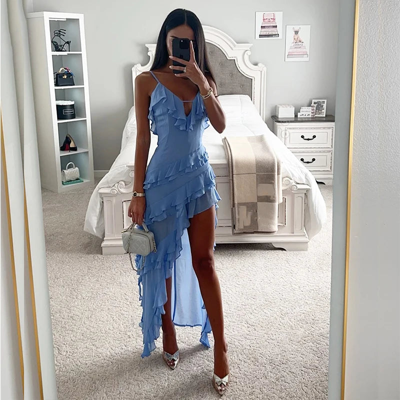 Asymmetrical Long Evening Dress with Spaghetti Straps