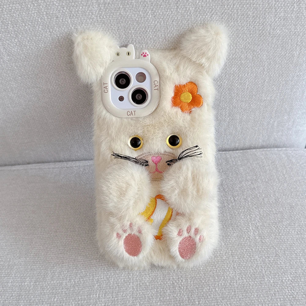 Funny Cat or Bear Furry Soft Plush Phone Case – For iPhone 11 to 16 Pro Max