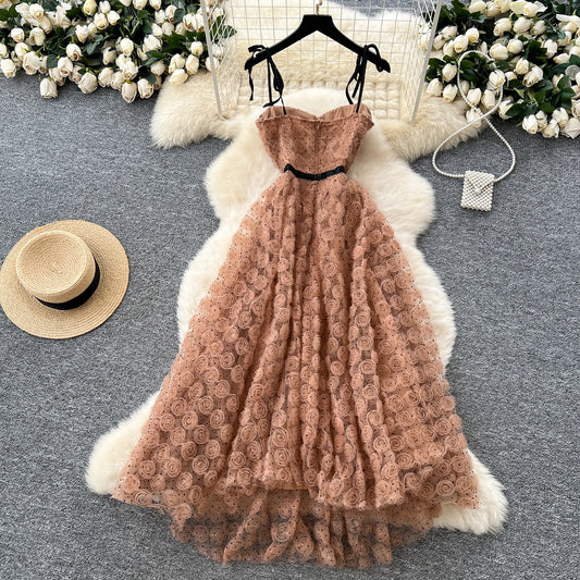 3D Roses Mesh Strap Dress – Backless Irregular Elegant Evening Long Dress