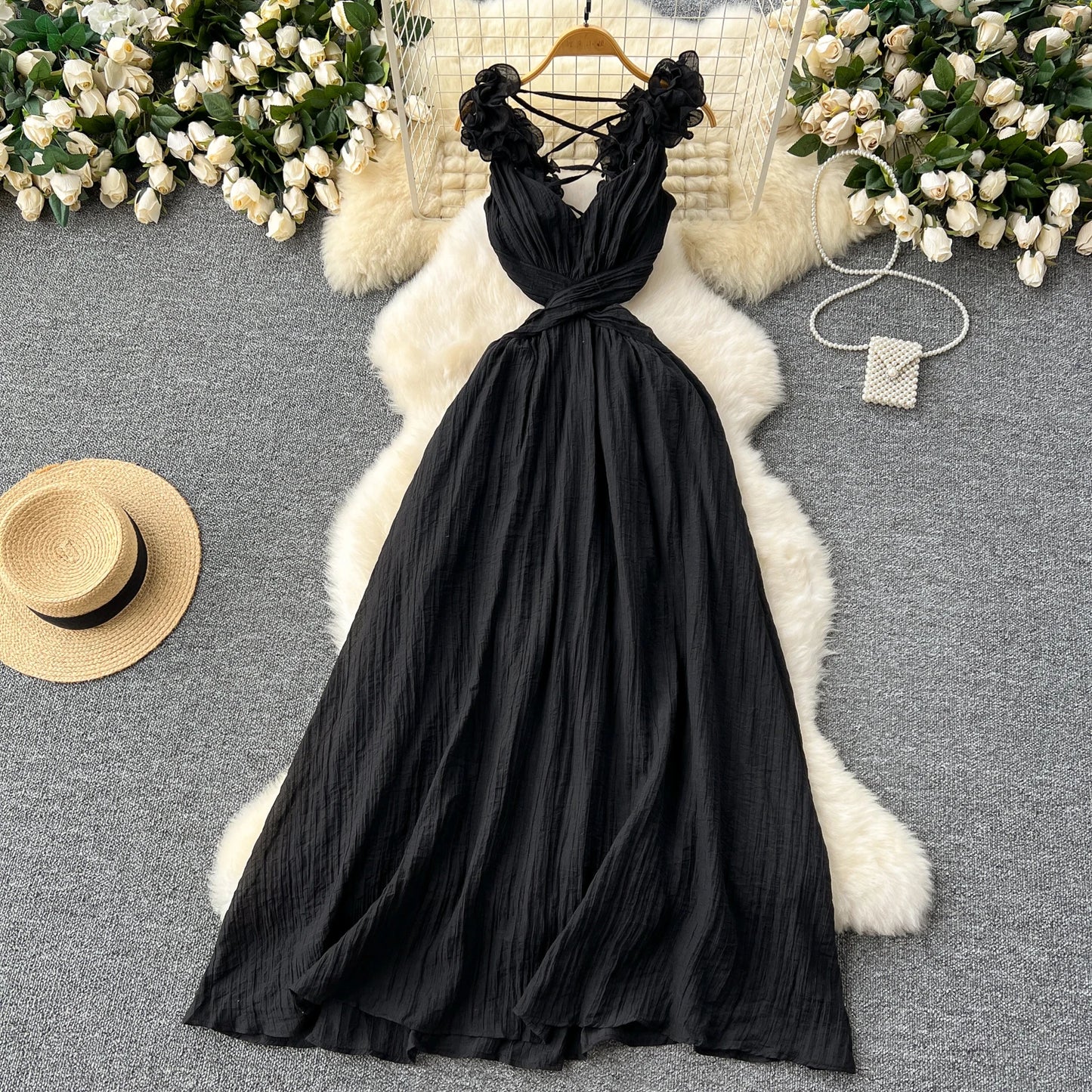 3D Floral Hollow Out Pleated Maxi Dress – Backless Vacation Beach Party Dress