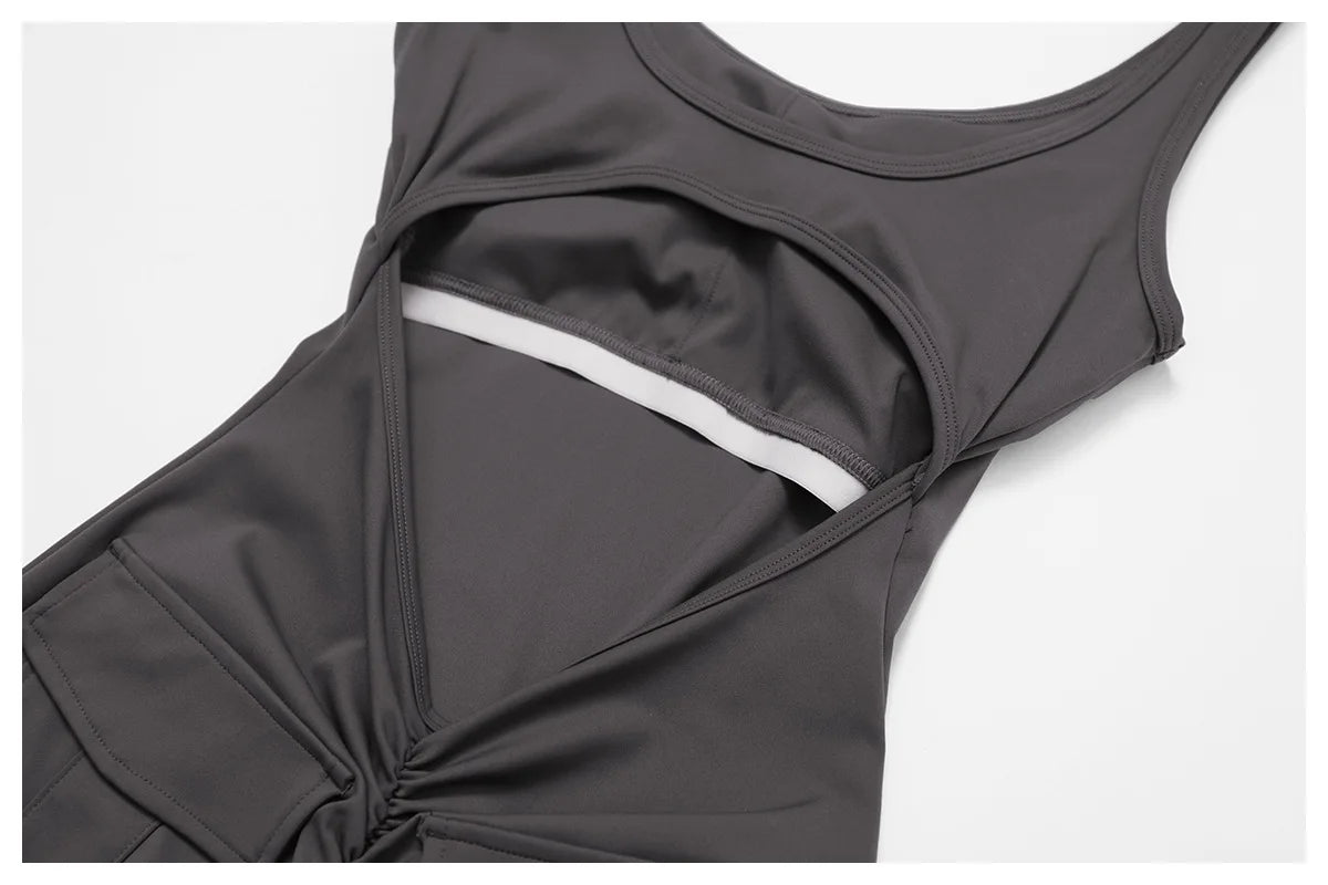 Women's V-Back Pocket Jumpsuit – Flared Leg Fitness Bodysuit