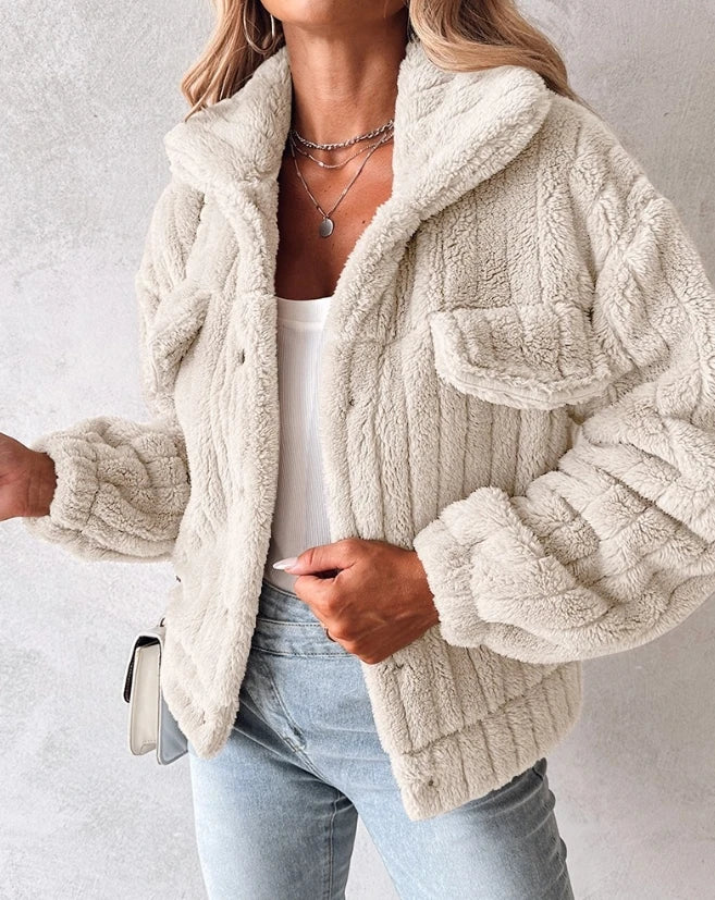 Checkered Fleece Button-Up Teddy Jacket