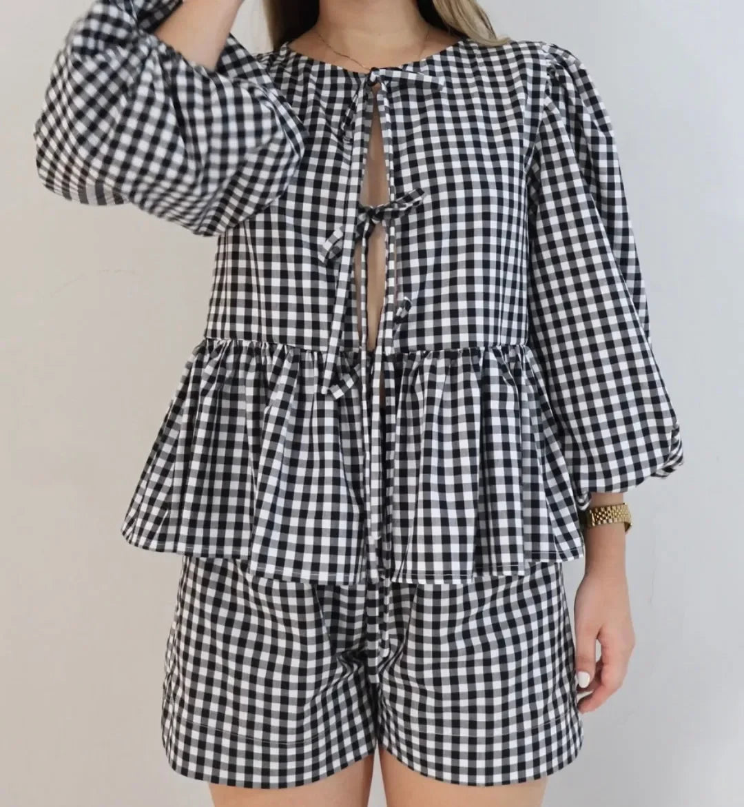 Women Y2K Vintage Gingham 2-Piece Set – Puff Sleeve Babydoll Peplum Top + Shorts