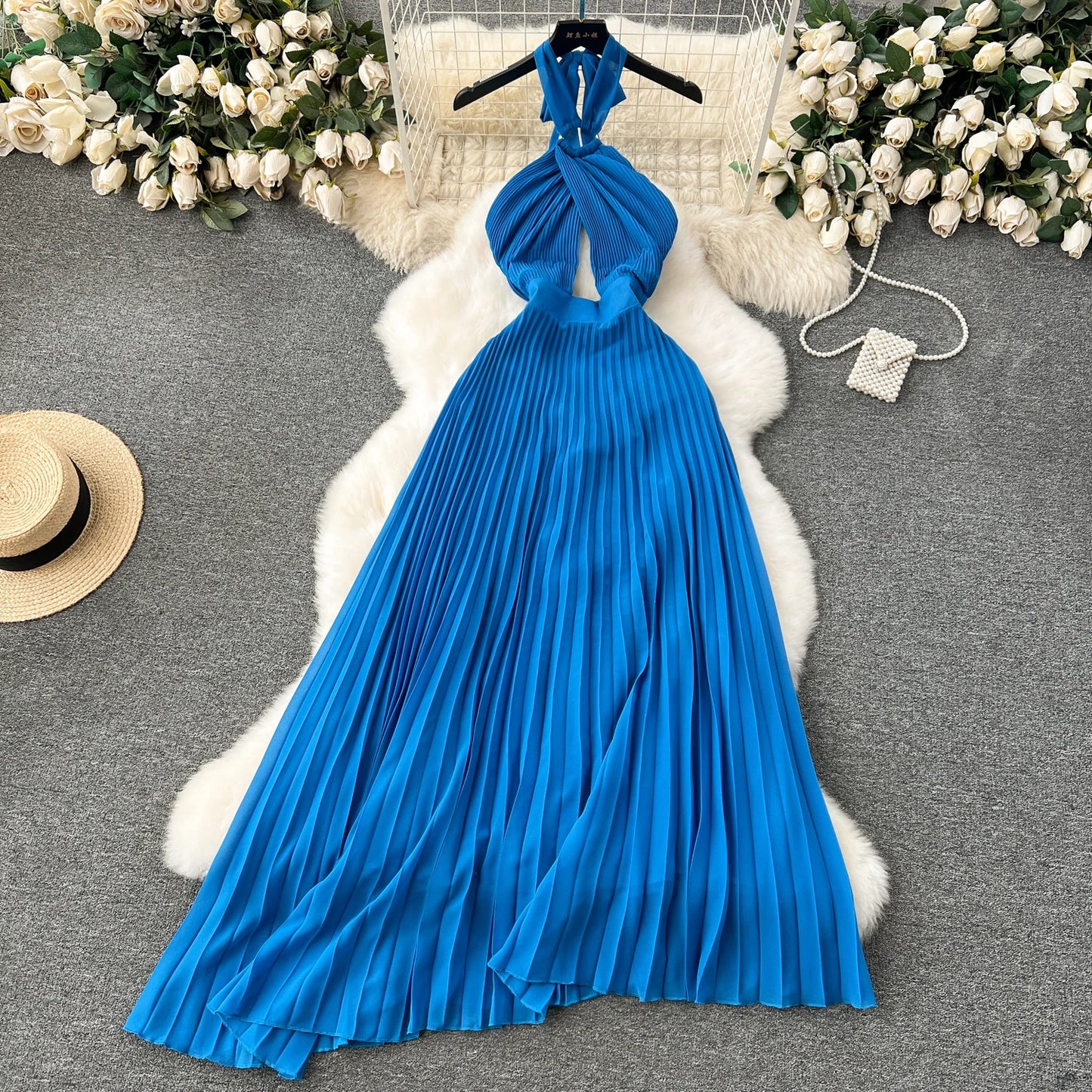 Pleated Halter Neck Vacation Dress – Backless Irregular Chic Beach Party Dress