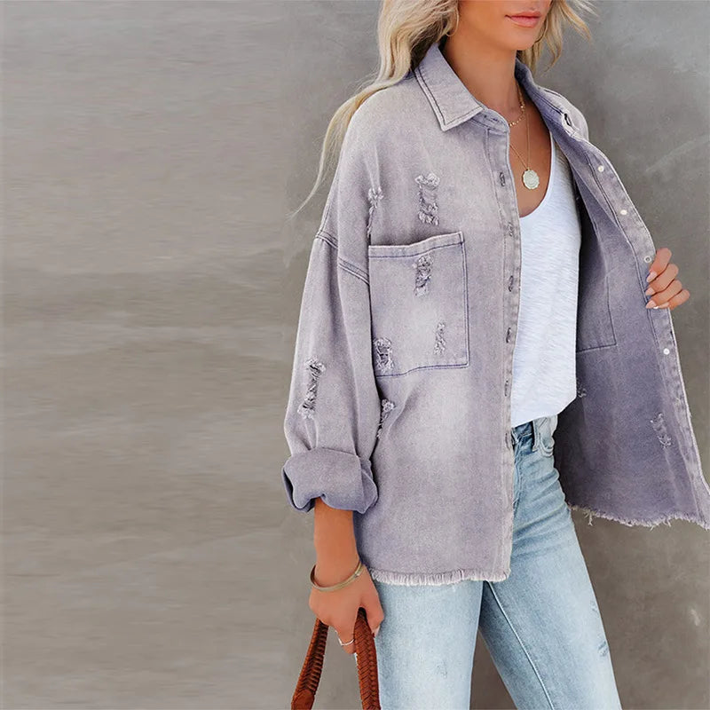 Ripped Denim Jacket with Tassels
