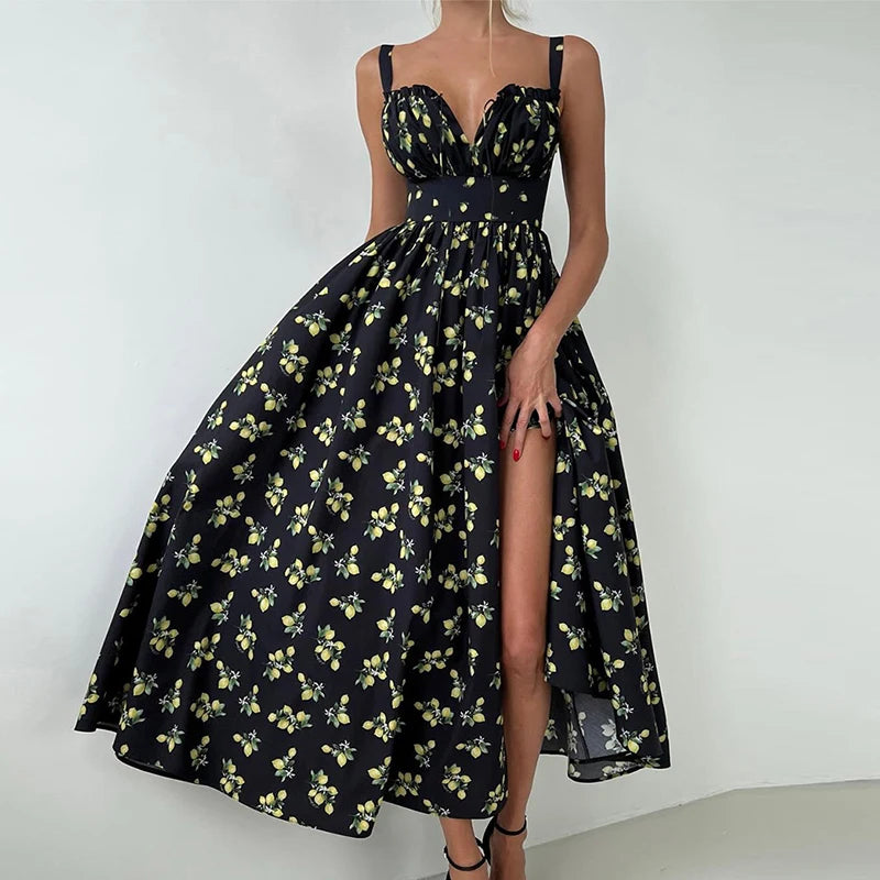 Printed Long Summer Dress with Slit and Spaghetti Straps