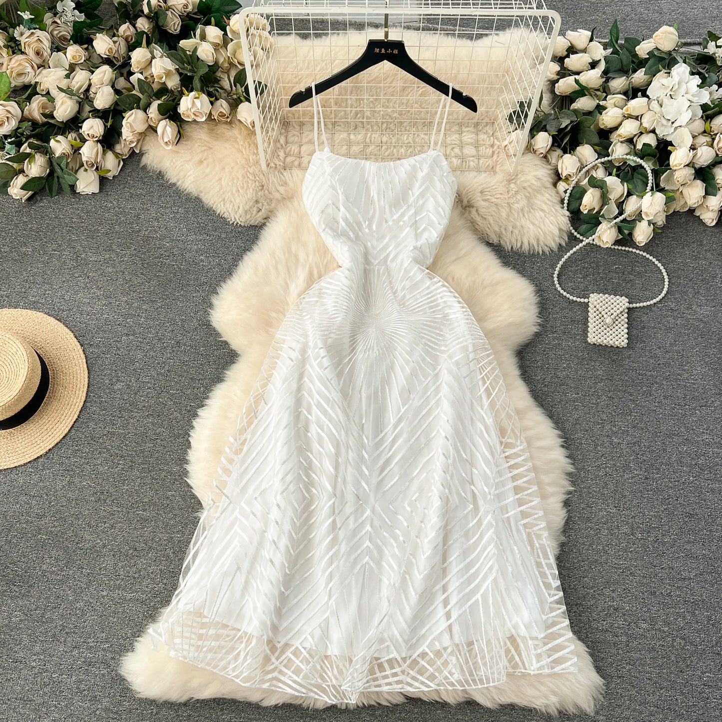 Luxury Mesh Party Dress – Embroidered Spaghetti Strap Gown