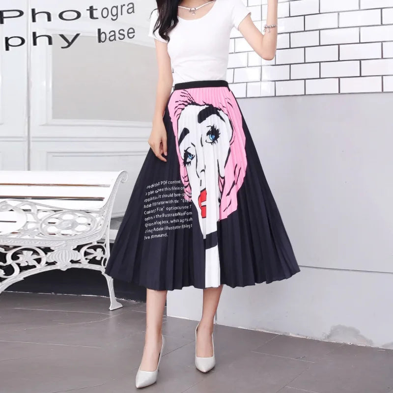 Women’s Cartoon Print Pleated Skirt – High Waist Big Swing Skirt
