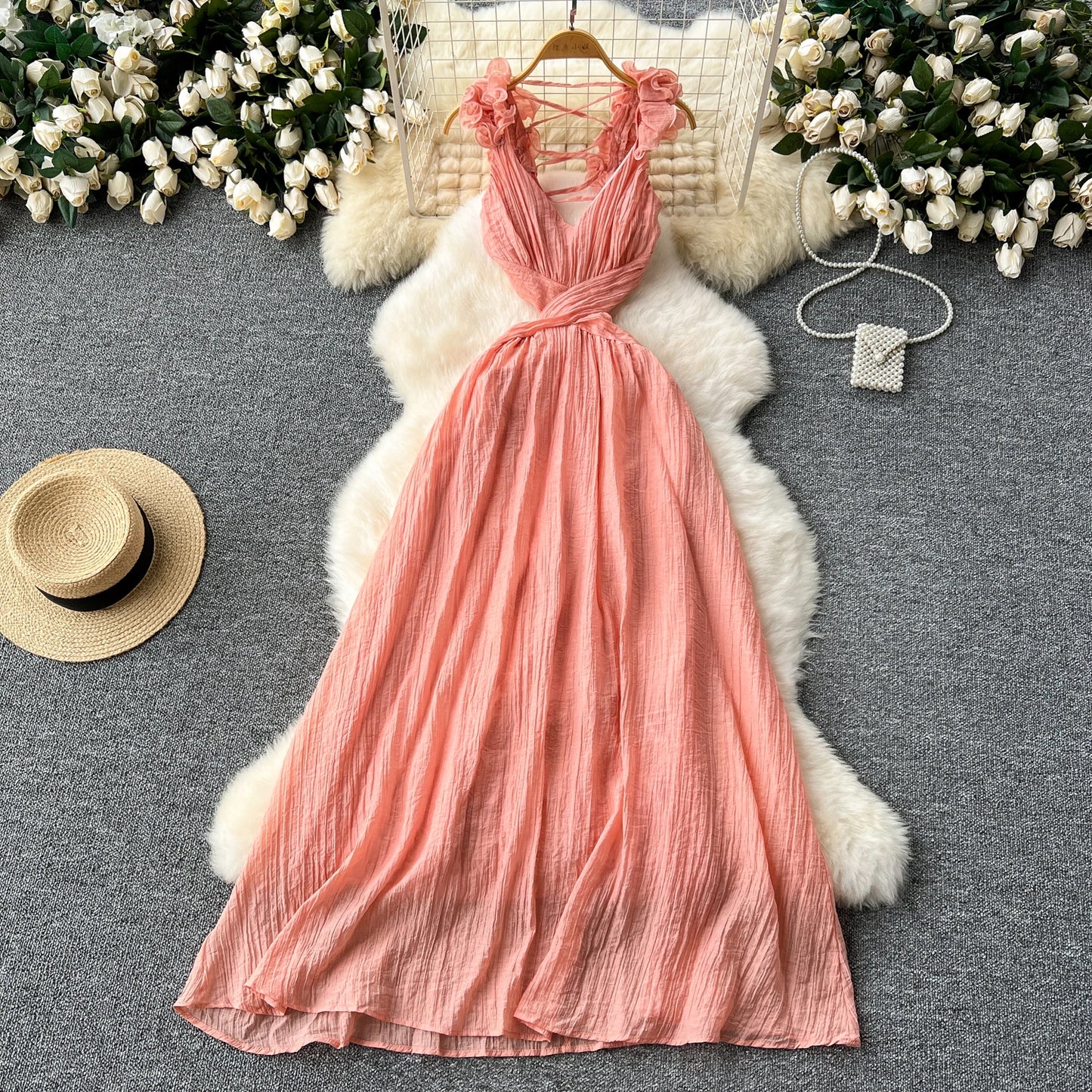 3D Floral Hollow Out Pleated Maxi Dress – Backless Vacation Beach Party Dress