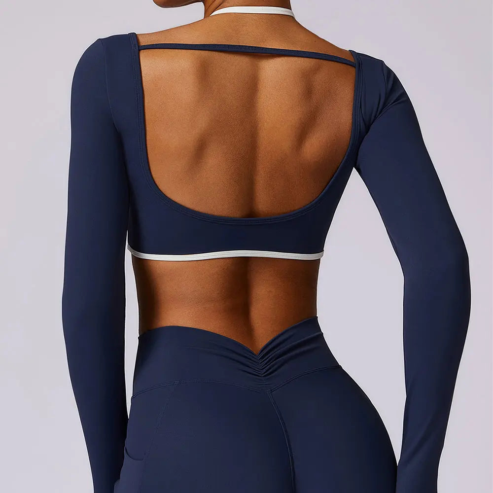 Long Sleeve Hollow-Back Yoga Top – Dry Fit Elastic Fitness Shirt