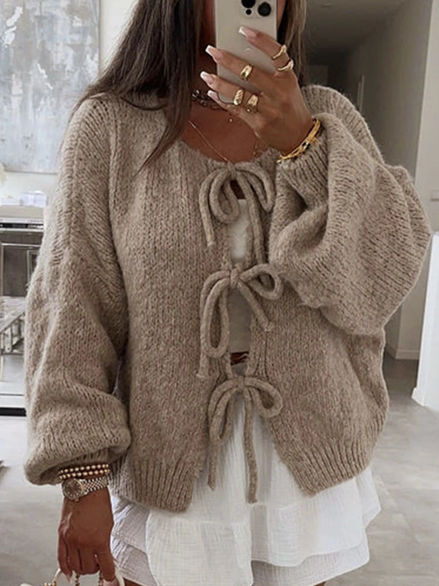 Knitted Bow-Tie Front Oversized Cardigan