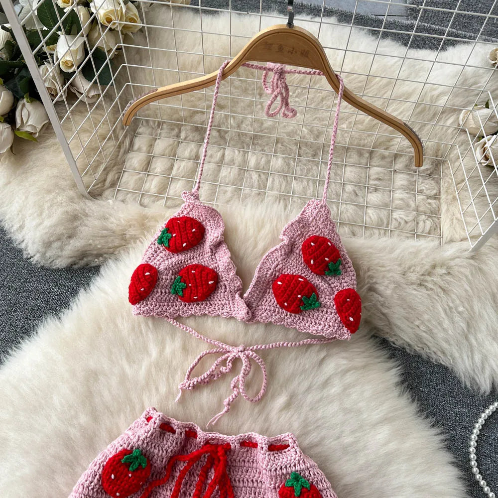 Summer Crochet Set with Strawberry Details – Strap Top + Mini Skirt