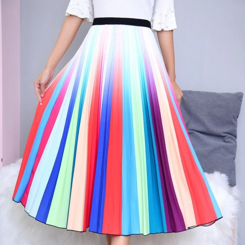 Women’s Cartoon Print Pleated Skirt – High Waist Big Swing Skirt
