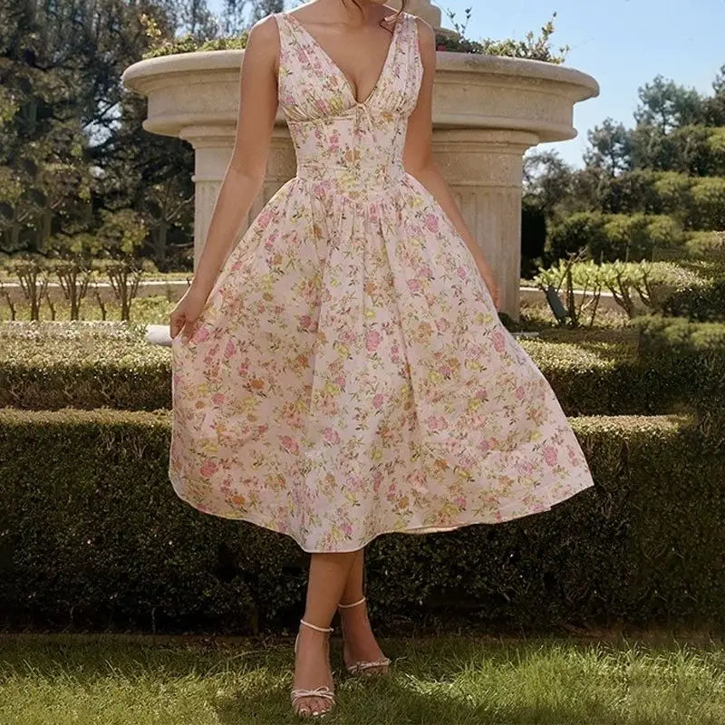 Floral V-Neck Pleated Midi Dress