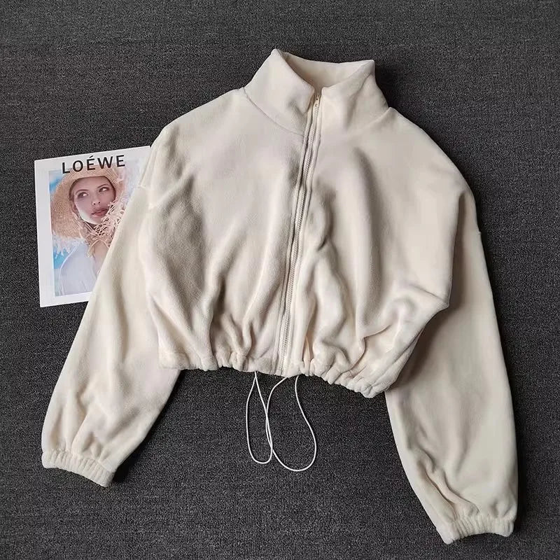 Women’s Fleece-Lined Sports Sweatshirt – Casual Loose Crop Top with Long Sleeves