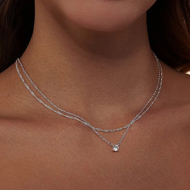 Minimalist Gold Layered Necklace with Crystal Pendant