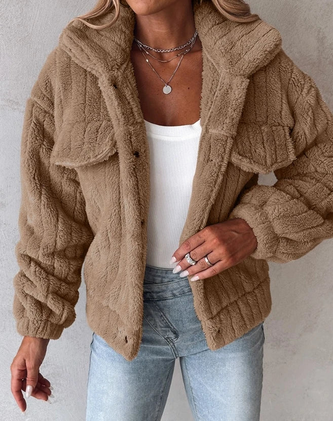 Checkered Fleece Button-Up Teddy Jacket