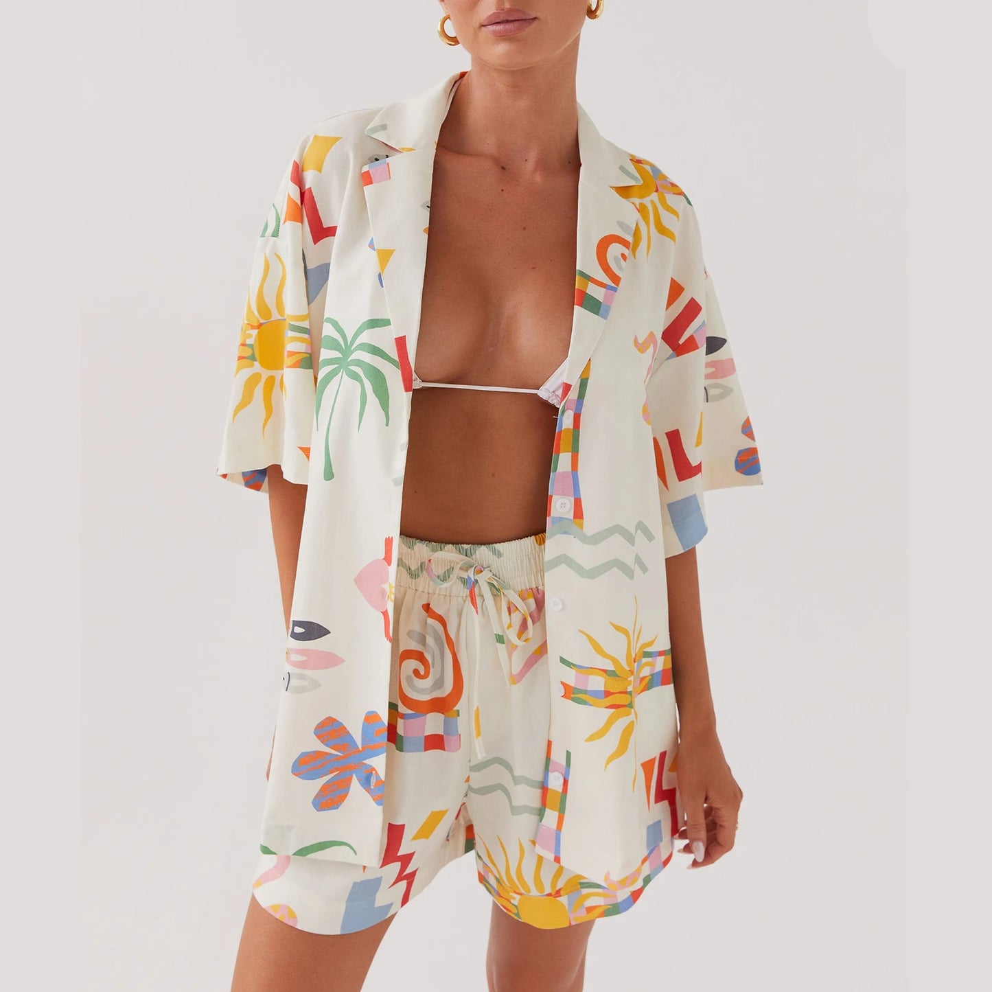 Women’s Casual 2 Piece Summer Set – Sun Print Button-Up Short Sleeve Shirt + Drawstring Shorts