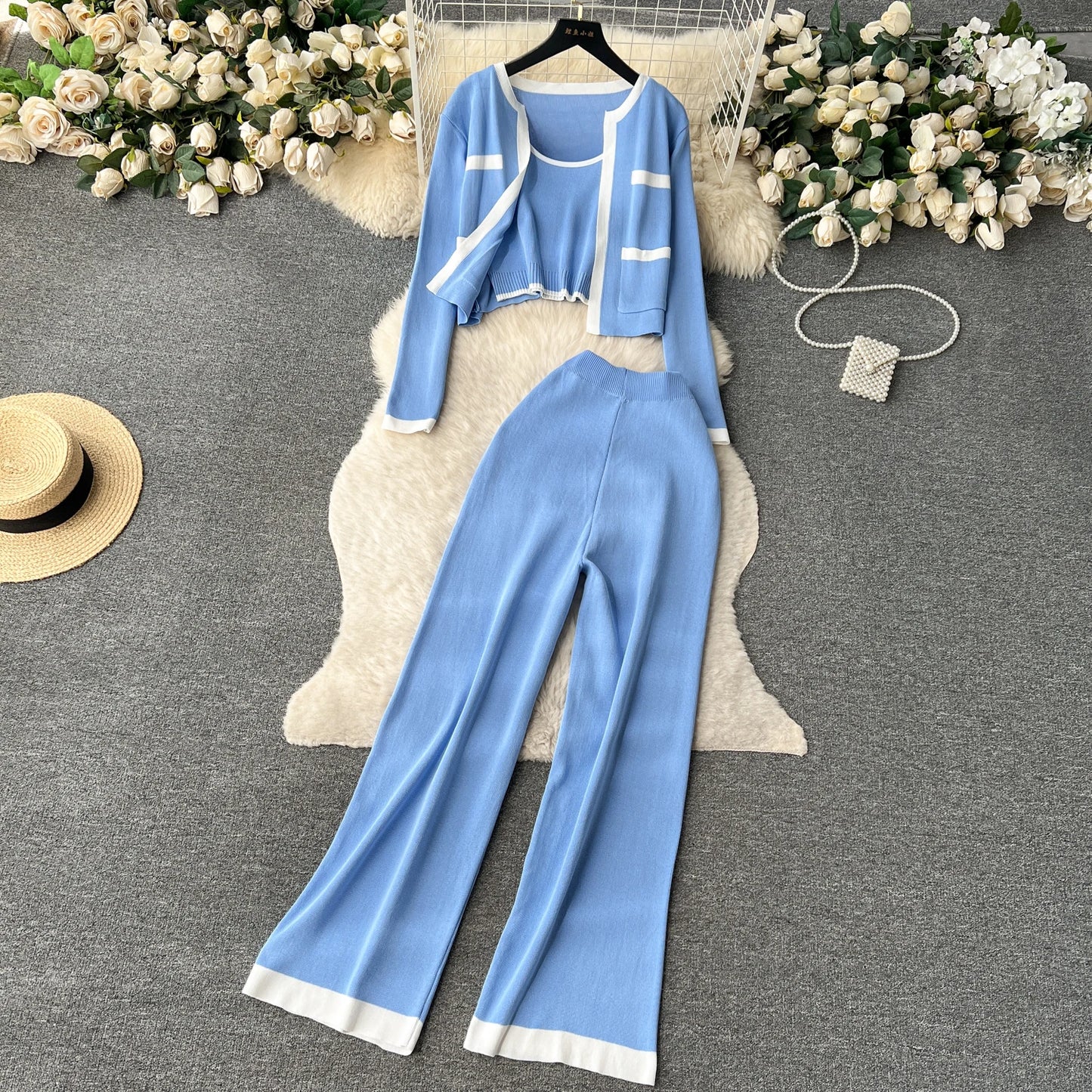 SINGREINY Autumn Knitted 3pcs Set – Slim Tank Top + Long Sleeve Cardigan + Elastic Pants (Brown)