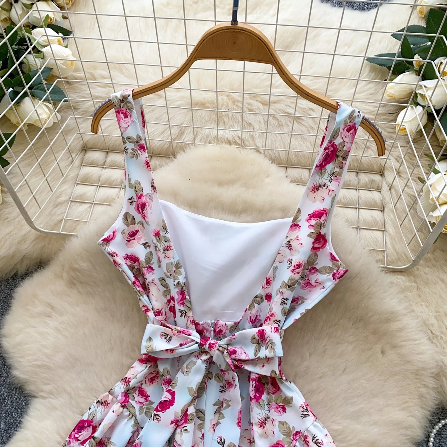 Floral Lace-Up Back Sundress – White with Pink Flowers