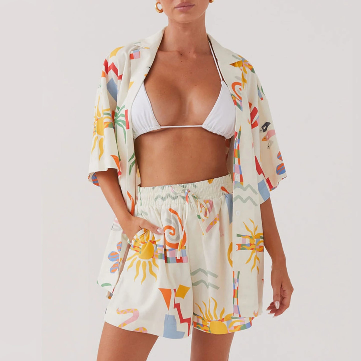 Women’s Casual 2 Piece Summer Set – Sun Print Button-Up Short Sleeve Shirt + Drawstring Shorts